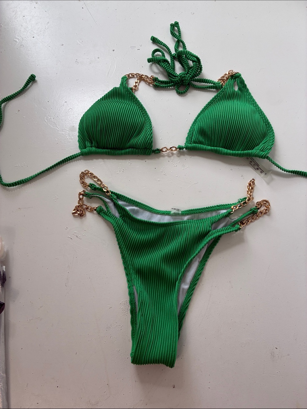 Amazon Medium Green Gold Accent Chain Ribbed Cheeky 2 Piece Bikini Swimsuit